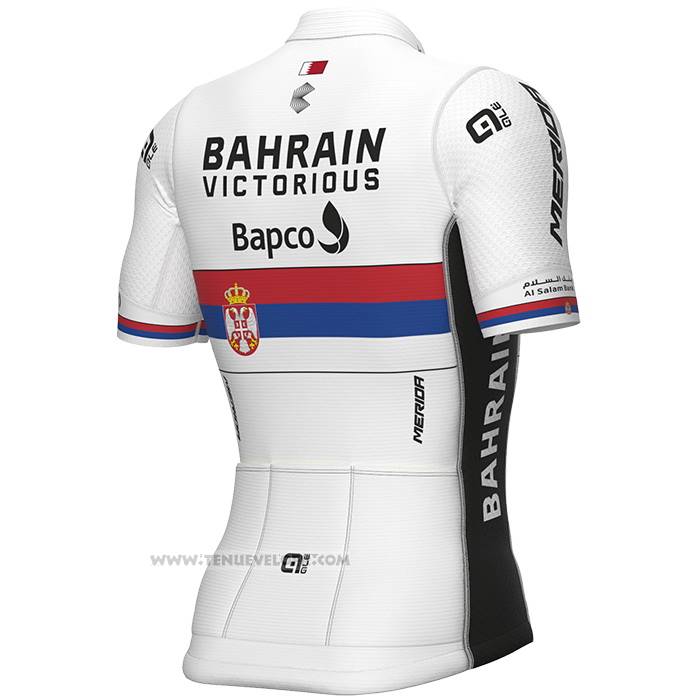2023 Maillot Cyclisme Serbian Champion Bahrain Victorious Blanc Rouge Bleu Manches Courtes et Cuissard